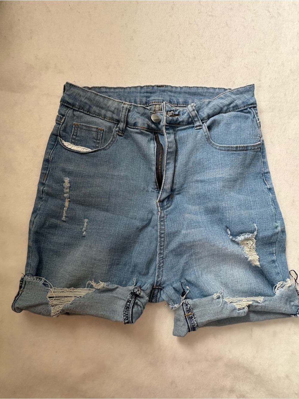 SHEIN Light Blue Distressed Rolled-Hem Denim Shorts